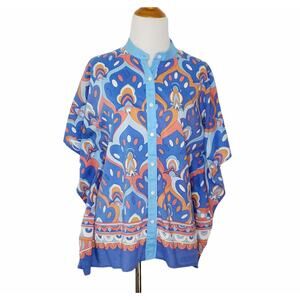 J. McLaughlin Button Front Poncho Printed Blue Orange Boxy Relaxed Women XS